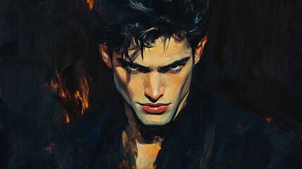 Obraz premium Intense male portrait painting dark dramatic artistic style man oil face eyes hair bold black brown