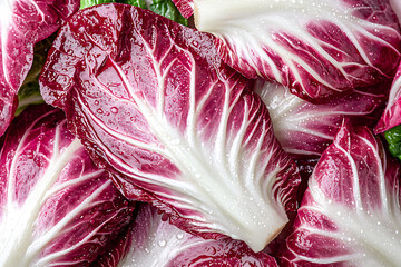 Obraz premium Close-up of crisp, vibrant radicchio lettuce. The deep red and white veins showcase its texture, enhanced by tiny droplets of water on the leaves.