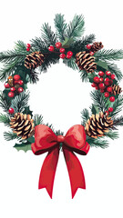 Festive Christmas wreath with realistic pinecones red berries green pine branches holly leaves and large red ribbon bow on white background flat vector design