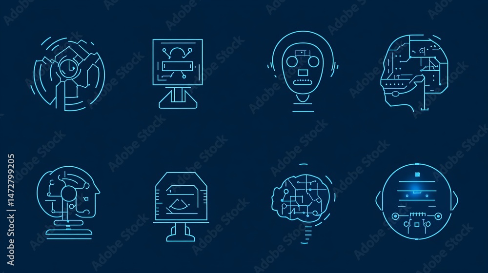 Aufkleber abstract blue neon tech icons set digital brain artificial intelligence data line robot cyber clean