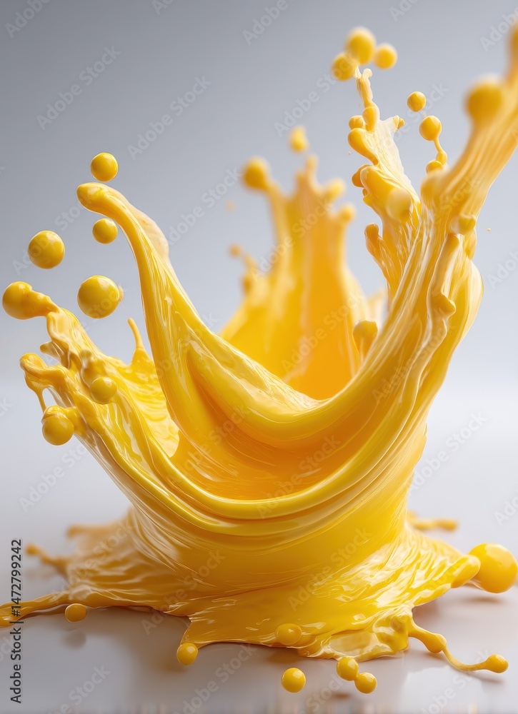 Poster vibrant yellow paint splash creating dynamic motion with fluid droplets and textured surface, aesthe