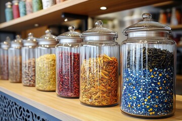 Exquisite looseleaf tea display artisan tea shop showcase cozy vibrant patterns