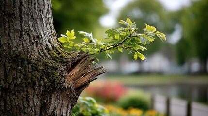 Verdant branch sprouts from wounded tree