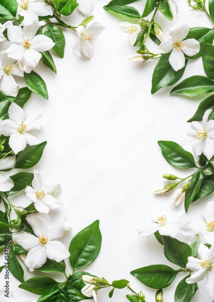 Poster white jasmine flowers and green leaves arranged on a white background creating a fresh and natural f