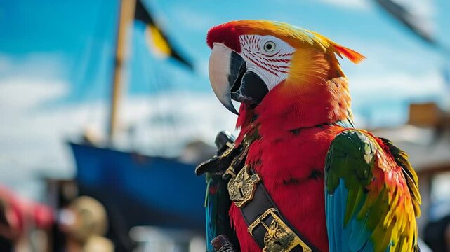 A Vibrant Macaw Parrot Dressed as a Pirate, Standing Tall with a Pirate Ship Background