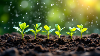 Seedlings sprouting: Five young plants growing in rich soil under a gentle rain shower. The sunlight filters through the leaves, creating a vibrant and hopeful scene.