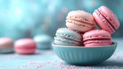 Obraz premium Delicate pastel macarons in a teal bowl.