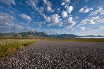 Open Road to Distant Mountains Under Cloudy Blue Sky for Travel, Vacation Ads