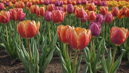 Fototapeta premium Close-up of colorful tulips aligned in a neat row , petals, tulip, botany