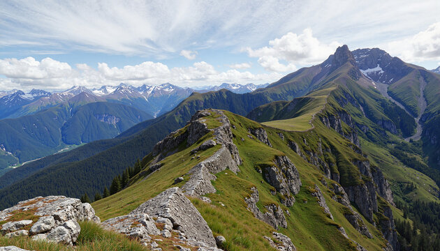 Scenic mountain landscape with lush greenery and blue skies, natural beauty - Powered by Adobe