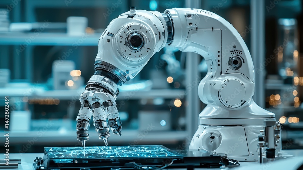 Poster a modern robotic arm precisely manipulates a circuit board in a laboratory setting.