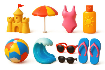 Y2k beach icons set – sandcastle, umbrella, swimsuit, sunscreen, beachball, wave, sunglasses, flip-flops. 3D icon set