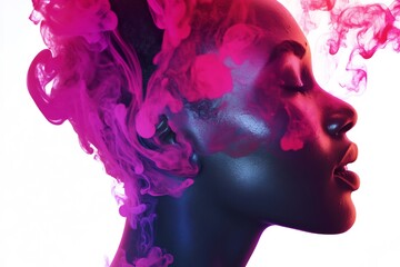 Conceptual AI generated portrait abstract alcohol ink patterns embedded in facial structure exploring identity and digital consciousness