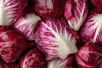 Obraz premium Radicchio close-up: vibrant leaves, refreshing water droplets highlight texture. Fresh, crisp, and visually appealing, a true garden delight.