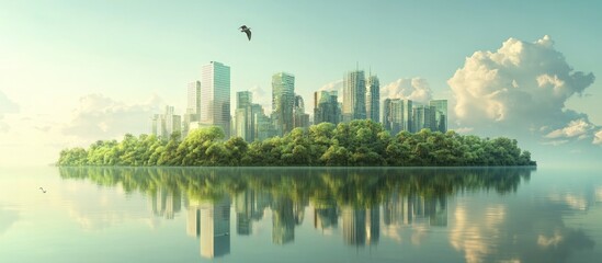 Fototapeta premium Lush Island Cityscape Reflection, Modern Buildings, Trees, Cloudy Sky, Calm Water