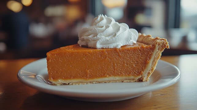 Delicious slice of pumpkin pie on a plate.