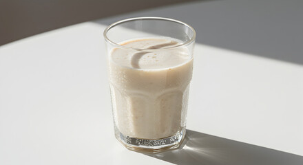Healthy Vanilla Shake In A Glass On A White Surface With Shadows