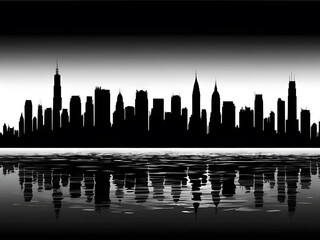 Night panorama of a big city by the river in side view, illustrated in black and white silhouette art. Version 1