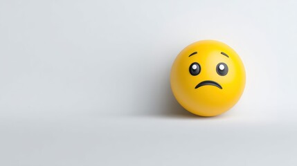 Fototapeta premium Yellow ball with sad face expression on a white surface.
