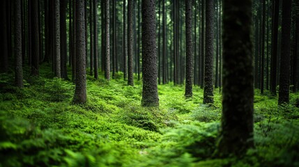 Fototapeta premium A serene forest landscape featuring tall trees and lush ferns, inviting viewers to immerse themselves in the calming scents and sights of nature's vibrant greens.