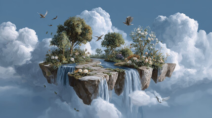 Serene floating island garden with waterfalls, stone pathways, birds flying, pastel sky, hand-painted style
Generative AI