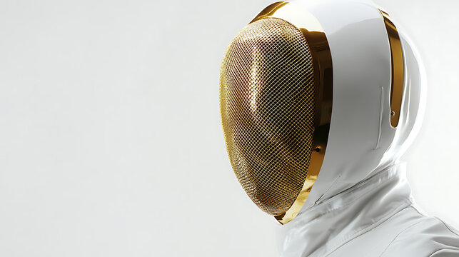 Fencing gear: A white and gold helmet with a metallic mesh visor, worn with a white jacket. Protective equipment for fencing sport. Studio shot on white background