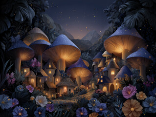 Whimsical village of colorful giant mushrooms in enchanted forest, glowing lights, twilight mood, tiny magical creatures, hand-drawn style
Generative AI