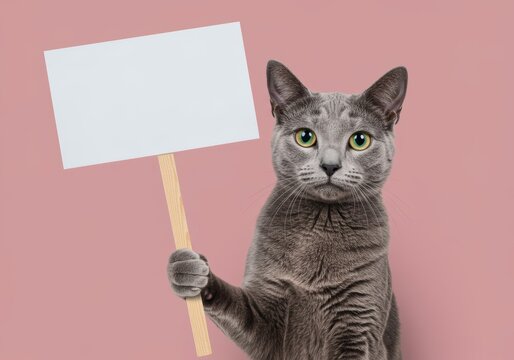 Elegant Russian Blue Cat Demonstrating with a Blank Sign on Pink Backdrop