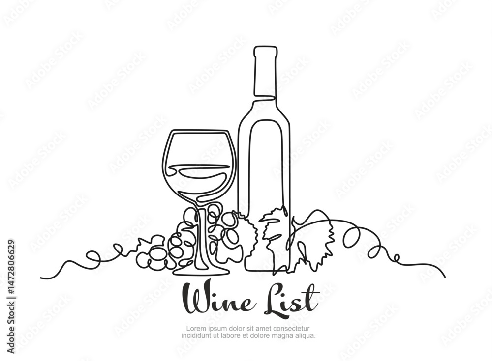 Poster bottle of wine with wineglass and grape bunch in continuous line art drawing style. wine list. minim
