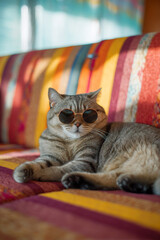 Chubby cat lying lazily on colorful sofa wearing tiny sunglasses, humorous mood with vibrant background and bright daylight
Generative AI