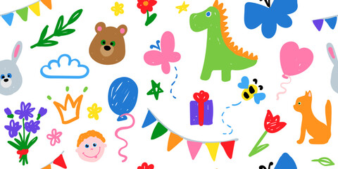 Cute kid scribble line seamless pattern Hand drawn doodle sketch childish element set. children draw style design elements background. Vector illustration with cute animals.