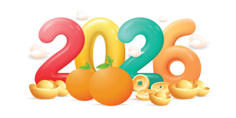 Happy New year 2026 with 3D design, with orange, coins and golden ingots