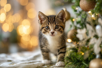 Curious kitten pawing Christmas ornaments in cozy living room, festive bokeh lights and warm holiday glow
Generative AI