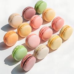 Obraz premium Colorful Macarons Arrayed On White Background Confectionery Delight Sweet Treats