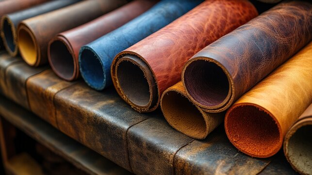 Colorful rolls of leather material displayed for crafting and design projects