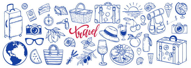 Big doodle set of the Summer travel vacation elements. Hand drawn grunge rough sketch doodle style summer trip, vacation background. Sun, travel bag doodle element. Funny tourism vector illustration