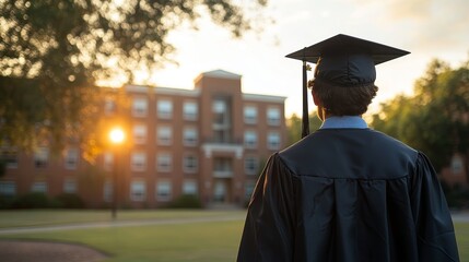 Graduate reflecting on achievements at sunset outside campus   