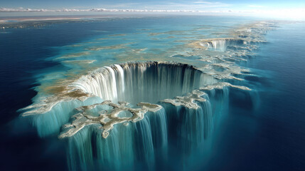 Underwater waterfall cascading into a deep ocean trench, creating a breathtaking vista