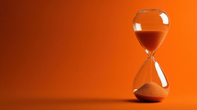 Hourglass with sand against orange background representing time passing or running out.