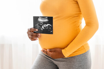 Cheerful pregnant black woman showing her baby sonography, enjoying future motherhood with first photo of her unborn child, free space. Happy african american mother standing by window at home
