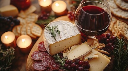 Festive cheese platter with red wine and candles on a wooden table