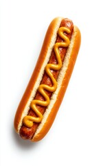 A delicious hot dog topped with mustard, perfect for barbecues or summer gatherings, showcasing a classic American snack.