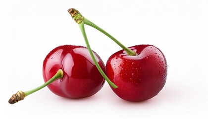 two red cherries with stem isolated background