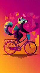 Fototapeta premium Geometric raccoon on bicycle art; colorful, polygonal, riding, bright