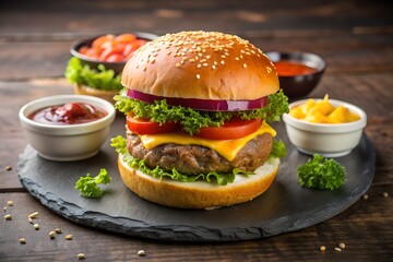 cheeseburger on slate plate with dipping sauces