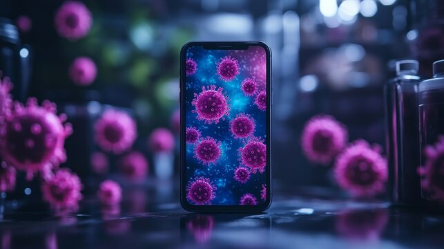 Virus cells displayed on smartphone screen against dark background  