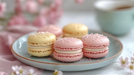 Delicate pastel-colored macarons arranged on a plate.
