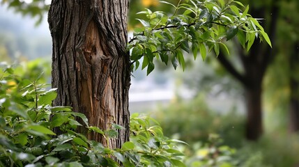 Fototapeta premium Wounded tree trunk amidst lush greenery