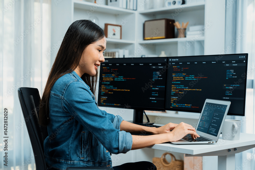 Poster smiling young asian in it developer creating with typing online information on laptop with coding pr
