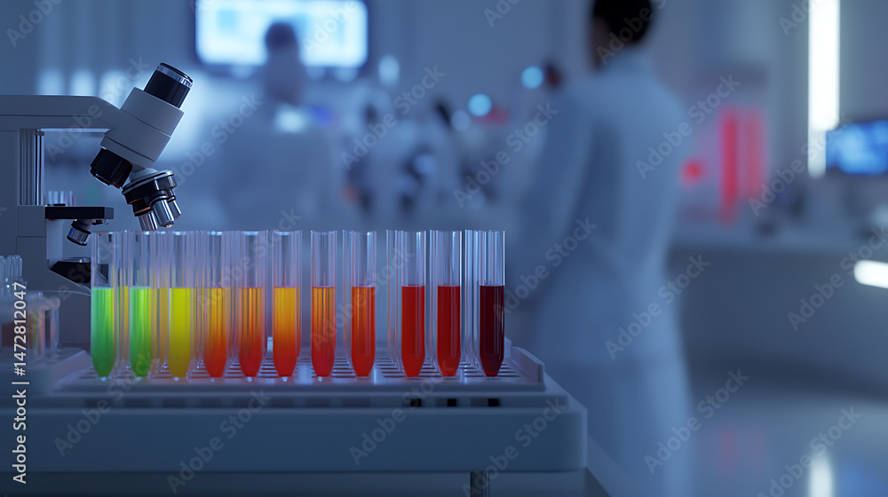 Poster microscope and test tubes: a line of liquid-filled tubes sit in front of a microscope in a science l